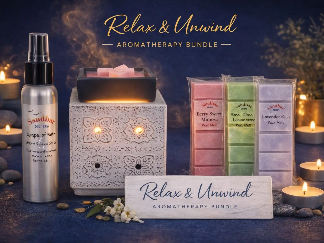 Sandbar SUDS Relax & Unwind 5-Piece Home Fragrance Set | Complete Aromatherapy Bundle | Includes Electric Wax Warmer, 3x Soy Wax Melt Packs & Room and Linen Spray | Long-Lasting Scent Layering Kit | Made in USA | Phthalate-Free