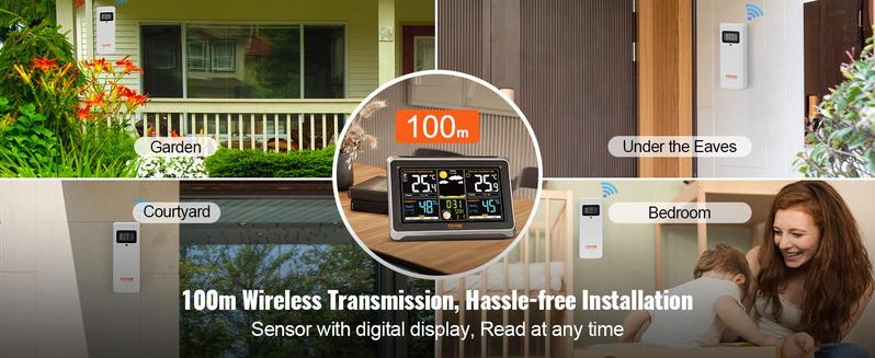 VEVOR Weather Station Indoor Outdoor, Various specifications, 7.5 in Large Color Display, Wireless Digital Home Weather Station, with Sensor Atomic Clock Adjustable Backlight Forecast Data Calendar Alarm Alert Temperature