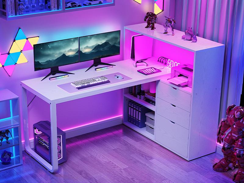 Yitahome L Shaped Desk with Power Outlets & LED Lights & File Cabinet, 55" Corner Computer Desk with 3 Drawers & 3 Storage Shelves, Home Office Desk with Bookshelf