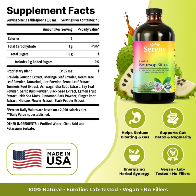 Soursop Bitters Liquid – Organic Herbal Detox with Black Seed, Moringa & Ginger by Serene Herbs – Supports Digestive Wellness & Immune Function – 16 fl oz​