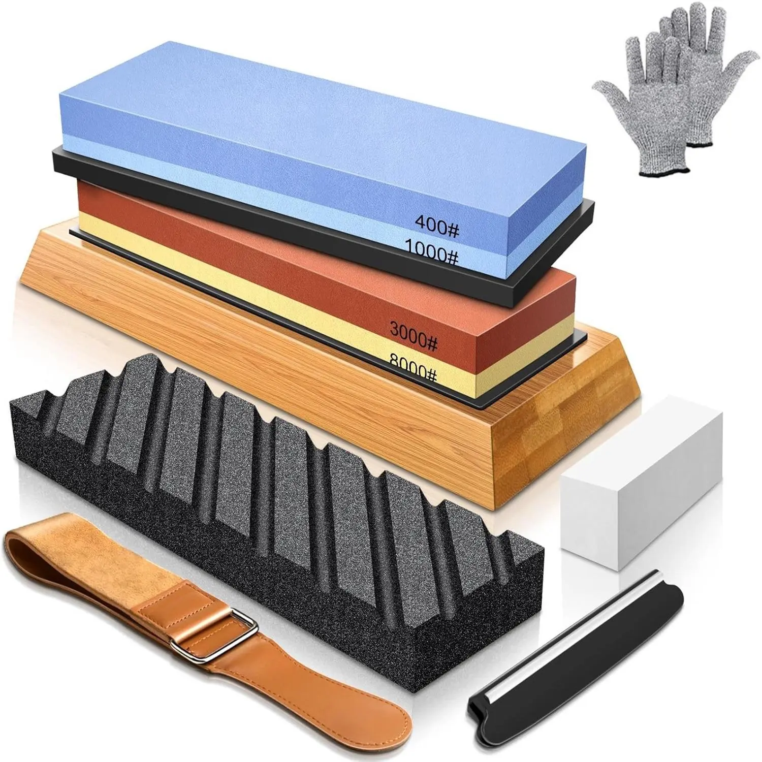 4-Side Knife Sharpening Stone Set (400/1000/8000 Grit) - Non-Slip Base, Cut-Resistant Gloves, Angle Guide, Leather Strop, Full Safety Protection - Kitchenware for Home & Professionals