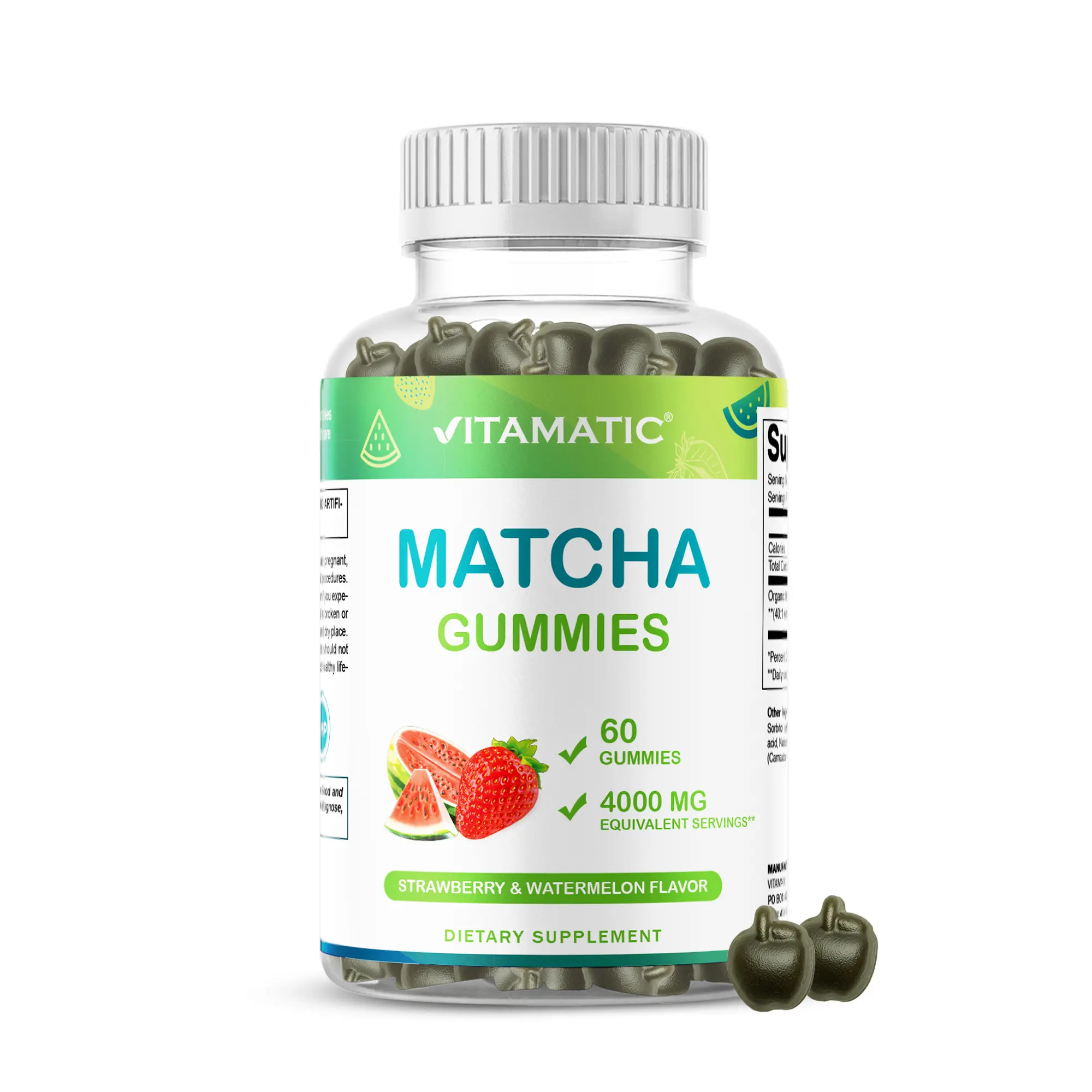 Vitamatic Organic Matcha Vitamin Fitness Gummy Supplements for Adults, 60 Count - Strawberry & Watermelon Flavors, Clean, GMP Certified, Dairy & Lactose-Free, GMO-Free Chewable Dietary Supplement, Dairy Free