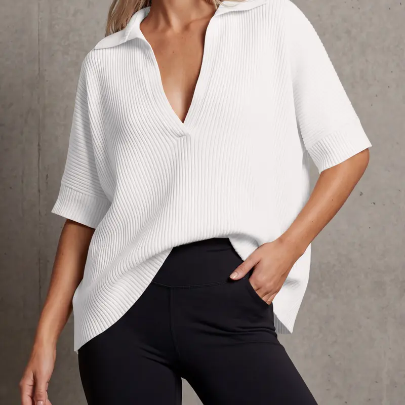 Fisoew Women's Comfortable Minimalist Ribbed Knit Fabric Blouse - Collared Deep V-Neck Half-Sleeve Loose Fit Elegance Piece, Casual Street Chic Clothes for Women Everyday Top