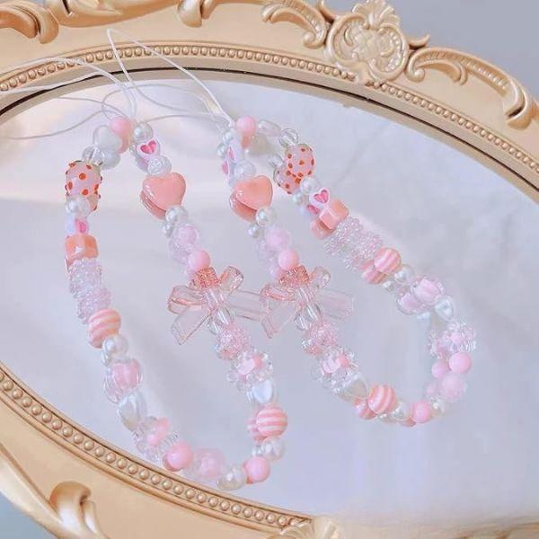 Cute Phone Charms Strap for Smartphones – Aesthetic Beaded Pearl Love Chain Phone Lanyard, Kawaii Phone Jewelry Wrist Strap, Perfect for Christmas Gift