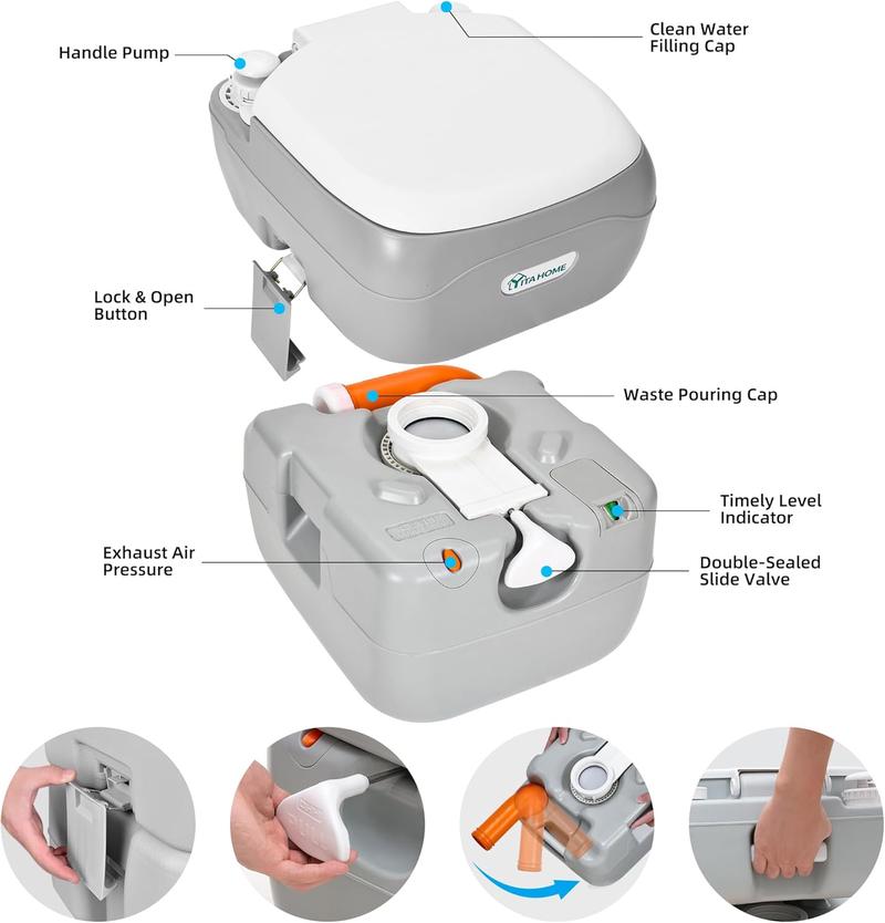 YITAMOTOR Portable Toilet 5.8 Gallon Camping Porta Potty RV Toilet with Handle Pump Level Indicator Odourless Leak-proof for Motorhome Travel Car Boat Indoors and Outdoors