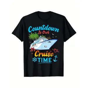 Men'S & Women'S "Countdown Is Over, It'S Cruise Time" T-Shirt - Retro Nautical Design with Cruise Ship, Palm Trees & Anchor, 100% Cotton, Casual Crew Neck Tee, Perfect for Outdoor  Crewneck Menswear Tropical Tshirt graphic tee men's t shirts