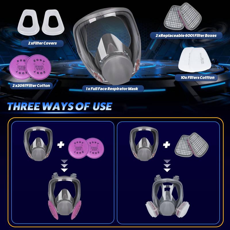 Full Face Respirator Gas Mask 6800 Reusable Military-Grade with 6001 & 2097 Filters for Nuclear Chemical Survival Spray Paint Welding Sanding black l