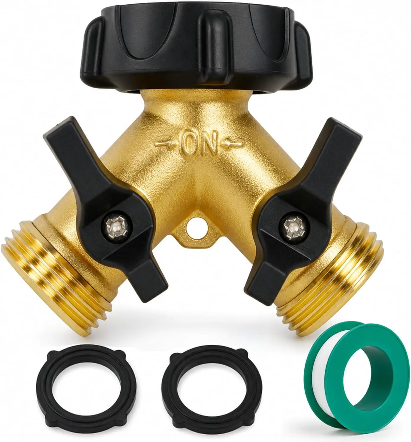 Brass Garden Hose Splitter 2 Way, 3/4 Inch Hose Connector Tap Splitter, Hose Y Splitter, Hose Spigot Adapter 2 Valves with Extra Rubber Washers