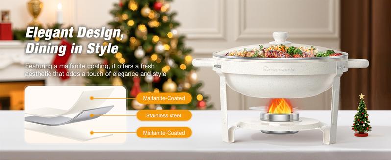 WARMOUNTS 5QT White Chafing Dishes for Buffet with Glass Lid 2/4 Pack, Maifanite-Coated Round Chafing Dish Set w/Mirror-Polished Stainless Steel Rolled Rim, Stackable, Lid Holder for Party, Wedding