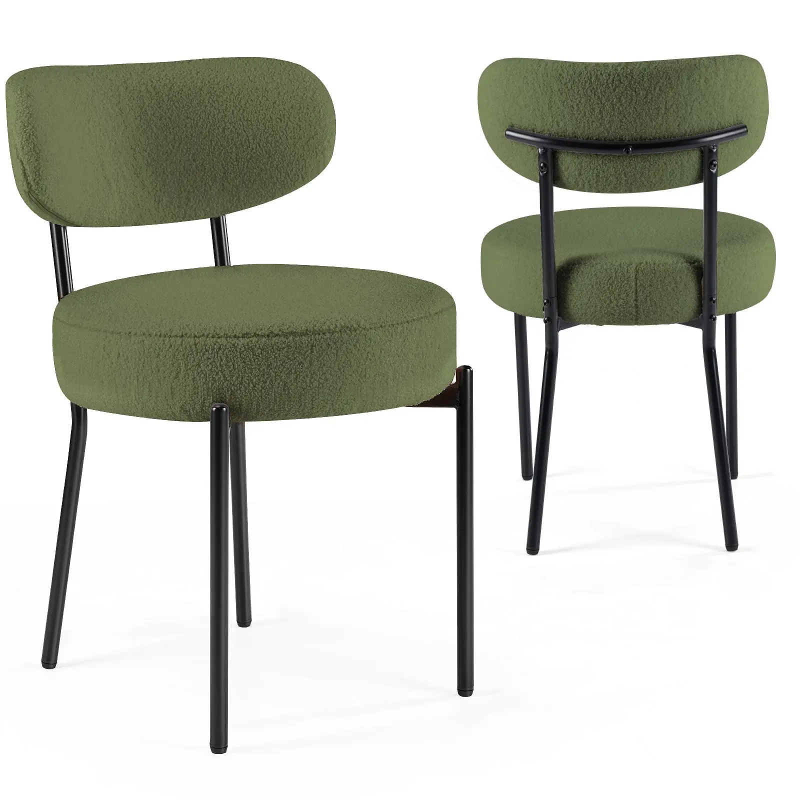 Dining Chairs Set of 2, Mid Century Modern Chair Round Upholstered Curved Backrest, Kitchen Vanity Living Room Chairs with Black Metal Legs