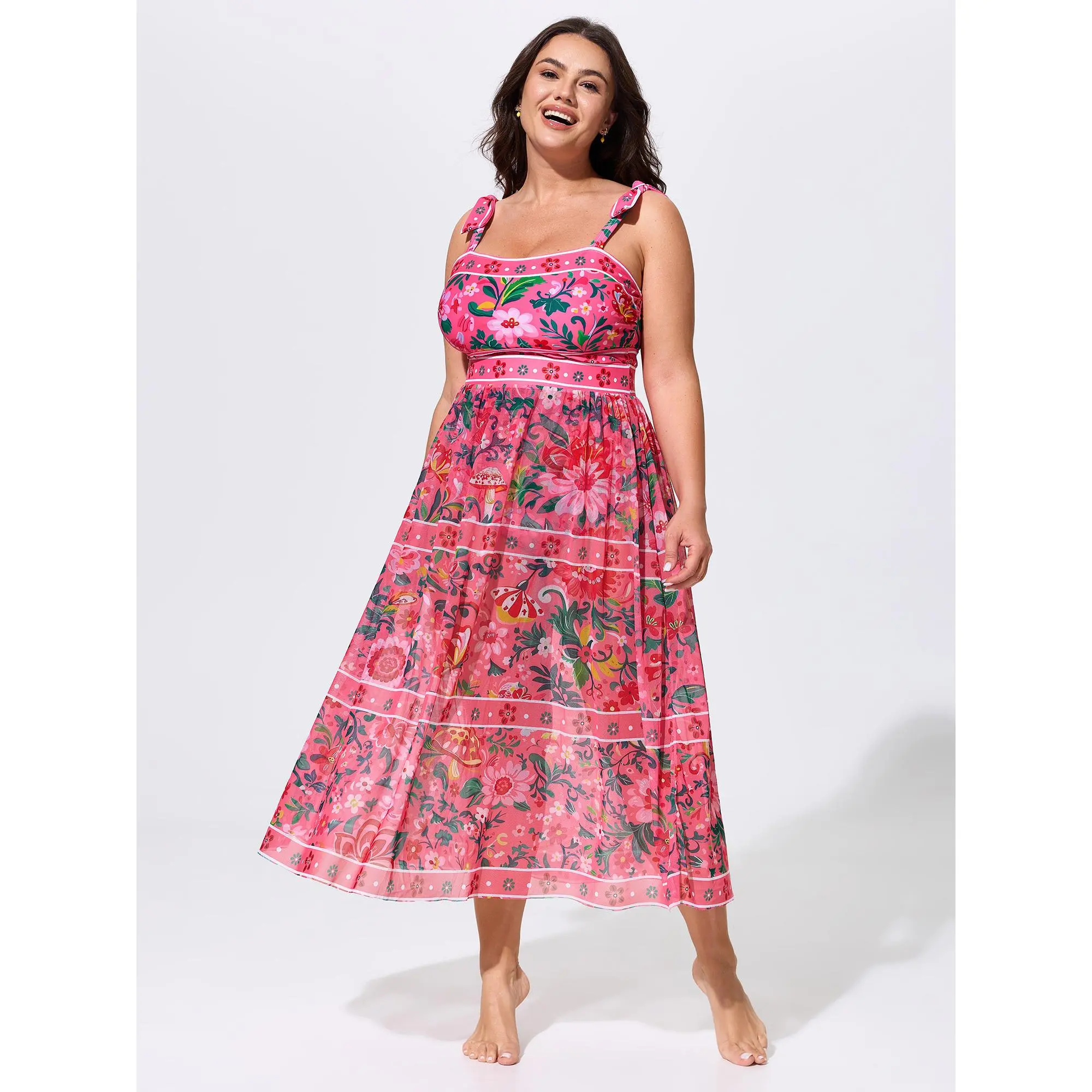BLOOMCHIC Plus Size Sheer Sarong Set Flora Print One-Piece Swim [M-6X] ,Summerfinds