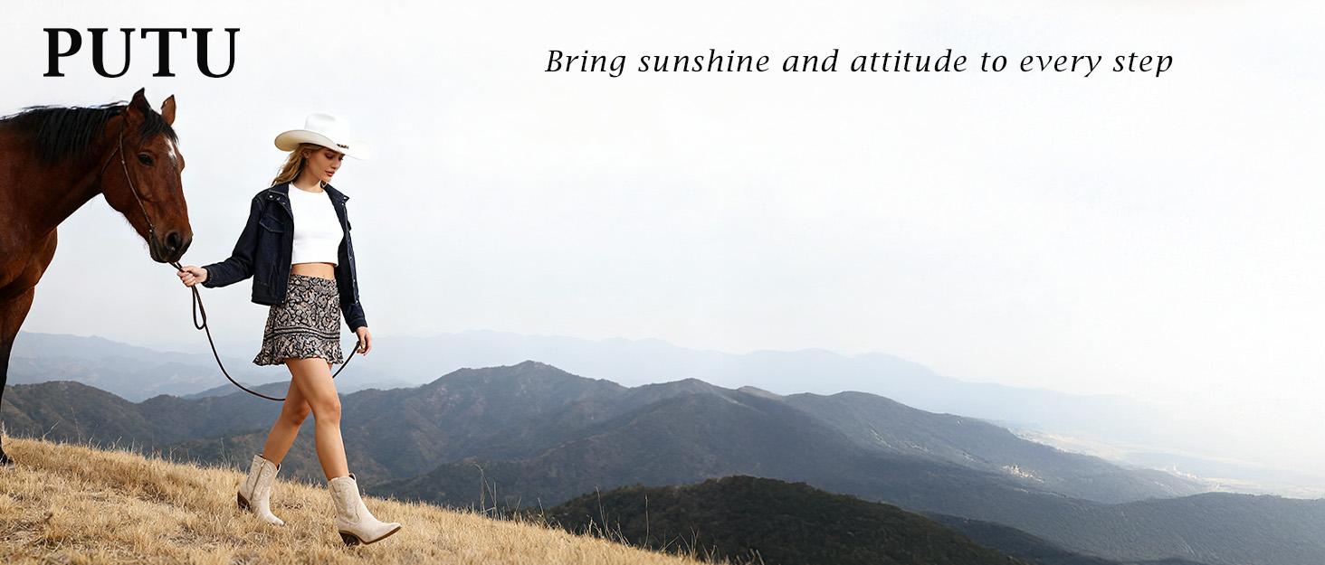 Cowboy Cowgirl Ankle Boots for Women Western Boots with Pointed Toe, Side Zipper and Chunky Heel Design