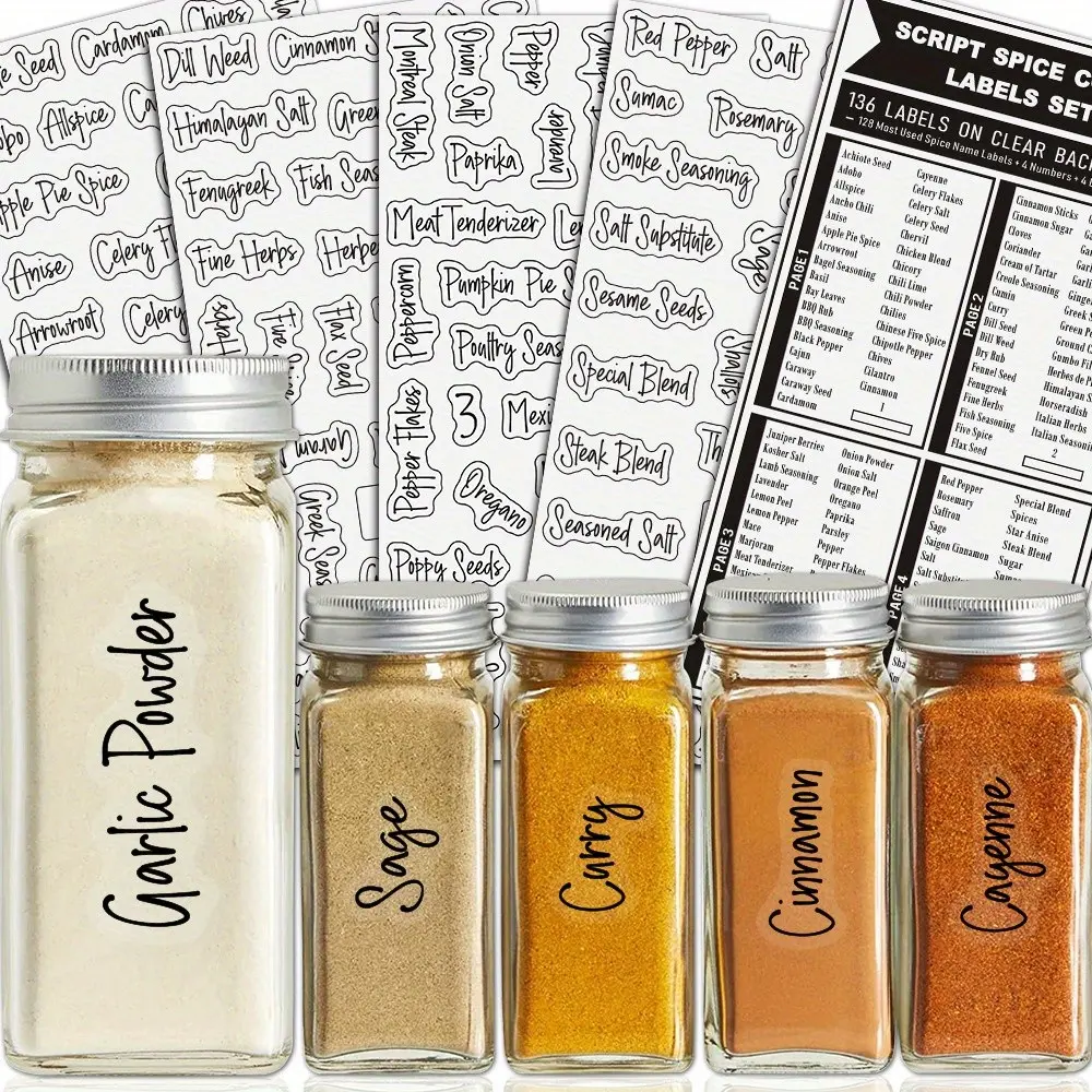 138pcs Spice Jar Stickers, Kitchen Spice Labels, Creative Transparent Waterproof, Food Room Mark, Suitable for Kitchen Storage, Clear Labels