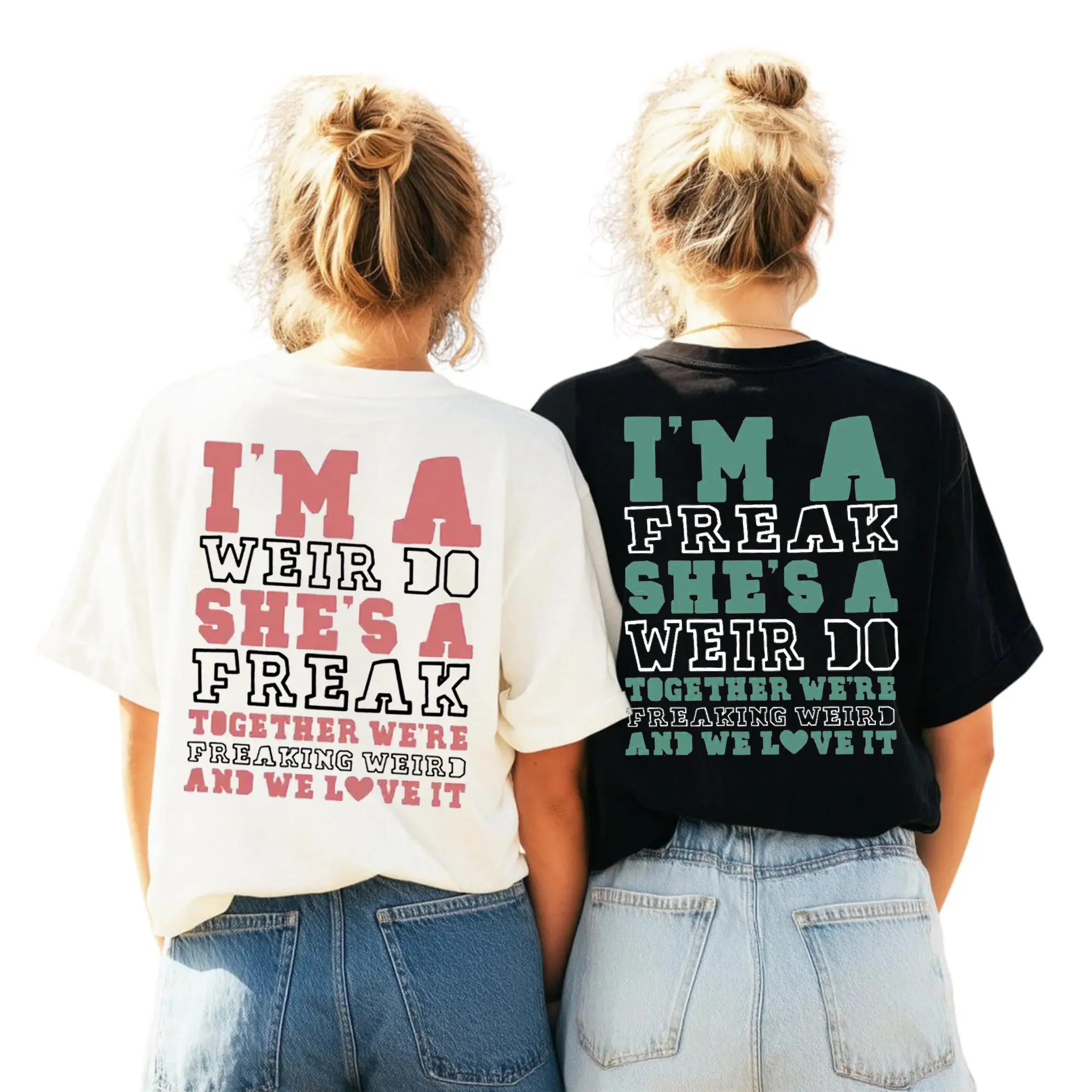 Weirdo and Freak Funny Matching T-Shirt, Seamless Round Neck Cotton Graphic Tee for Couples and Best Friends, Short Sleeve Bestie Gift - Sold Individually, Smooth, Shortsleeve, Fabric