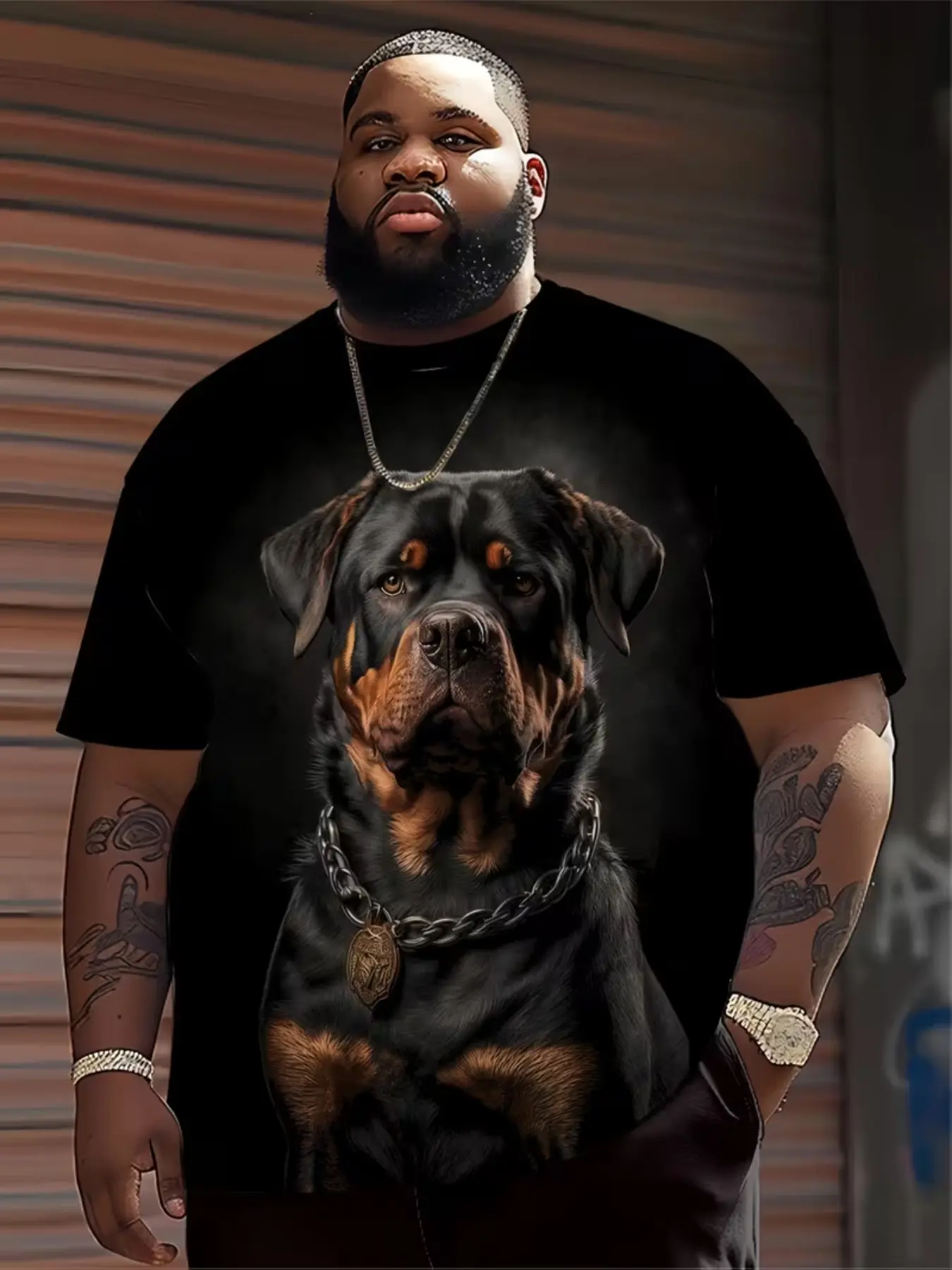 Large Size Men's Rottweiler Print Classic T-Shirt, Cool Round Neck Casual Shirt, 100% Polyester for All Seasons