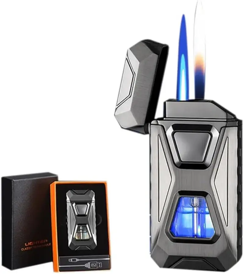 [FathersDay gift]Magic Smart Lighter Dual Flame(Butane Not Included),with 4 Cool Ignition Modes (Voice/Gravity/Air/Tap) ,Windproof Refillable with Visible Window,Type-C rechargeable for Outdoor Camping,Daily use,Best gift for boyfriend,father