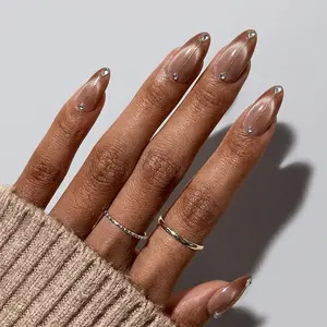 Rich-Girl Chrome Cat Eye Manicure | Champagne Holographic Almond Nails Gold Metallic Line Crystal Teardrop Luxury Press Ons