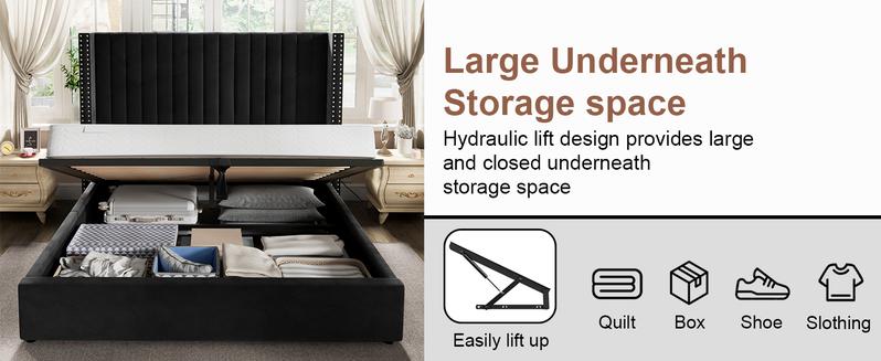 AMERLIFE Bed Frame with Headboard Lift Up Storage Bed, Velvet Upholstered Bed Frame With Channel Tufted Wingback Headboard/Christmas Gift/Best Gift Ideas