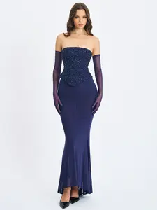 Orabelle Navy Beaded Peplum Mermaid Maxi Gown with Lace-up Back