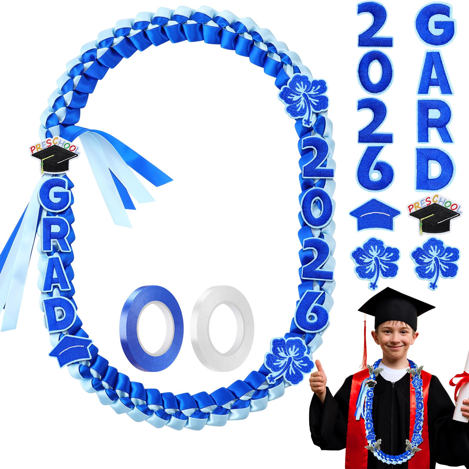 Kids Graduation Leis Class of 2026 Necklace Ribbon Leis 47 inches Double Braided Preschool Graduation for Preschool Kids Students Teachers Boys Girls for Graduation Ceremony Party Celebration Graduation Campus Supplies Pretty Bracelet Costume