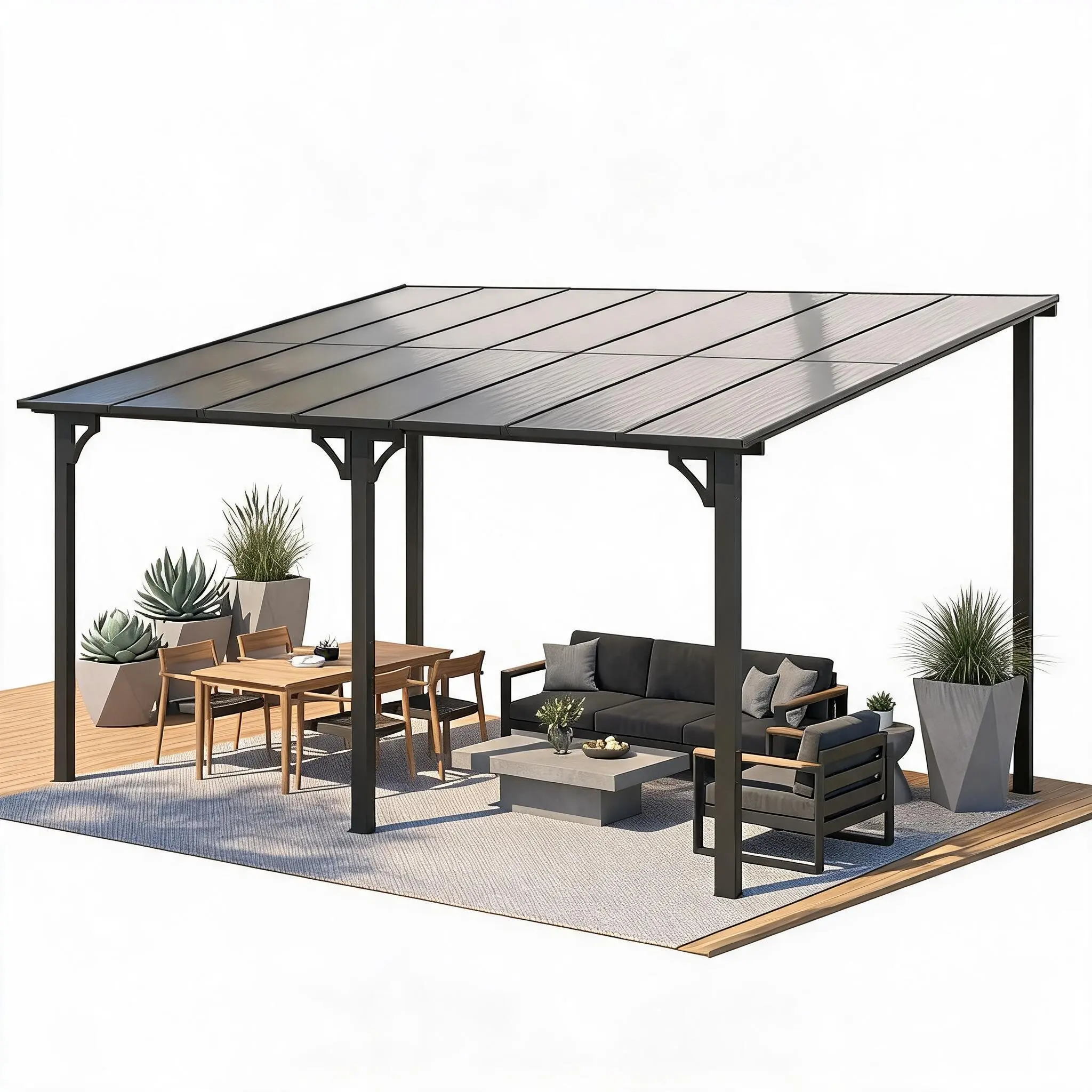 10x14ft Rectangular Heavy-Duty Wall-Mounted Outdoor Gazebo with Pergola Shade, Hard Top, Gutters & Ground Anchor for Outdoor Patio Shelter