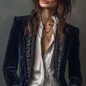 Vintage Ethnic Floral Print Velvet Women's Coat Fall Chic Stand Collar Slim Jacket Cardigan Winter Long Sleeve Female Outerwears Womenswear Fitted