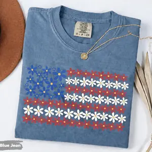 Comfort Colors Patriotic Floral American Flag Shirt, Daisy USA Shirt, 4th of July Independence Day Graphic Tee