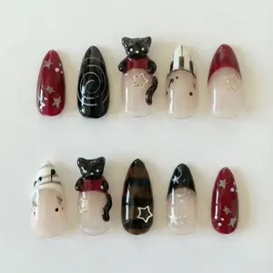 Luxury Black Cat Star Press On Nails, 3D Piano Note Reusable Almond Set