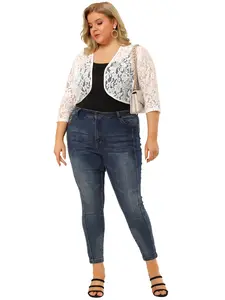 Agnes Orinda Plus Size Shrug Cardigan 3/4 Sleeves Floral Lace Open Front Crop Bolero