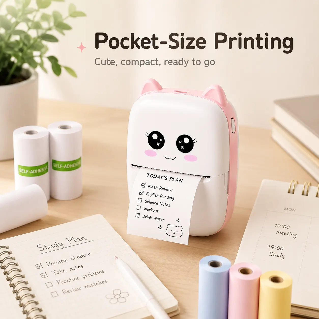 Mini Thermal Printer with 14-Piece Paper & Sticker Bundle, Bluetooth Inkless Pocket Printer, 200 DPI Portable Sticker Printer for Notes, Labels, Journaling and Photos, Compatible with iOS & Android, Pink or Blue