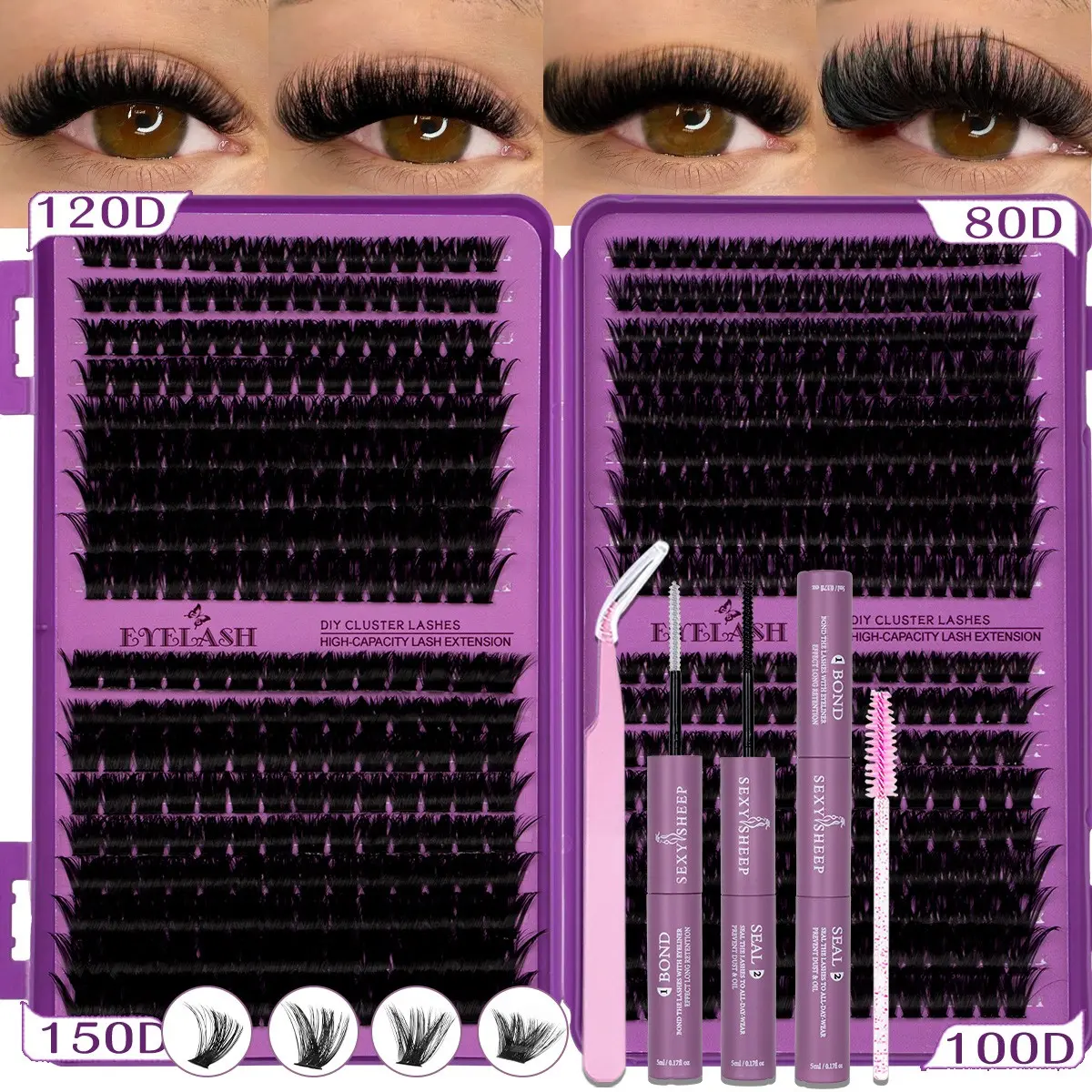 Large Capacity DIY Lashes Clusters Kit, D Curl  Mixed Length, Light Soft False Lashes, Individual Lashes Thick Cluster Lashes,  Long-Lasting, Includes Bond&Seal Brush and Tweezer, Beginner Friendly