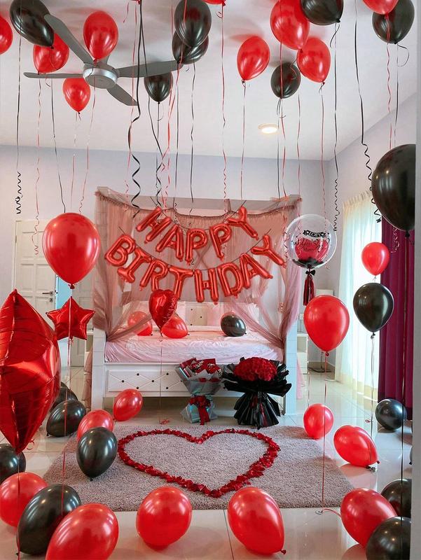 39pcs Red & Black Happy Birthday Balloon Kit, Letter Banner + Latex Balloons, Heart Foil Balloons, Romantic Party Decor for Birthday Anniversary Date Night, Photo Booth Backdrop Supplies
