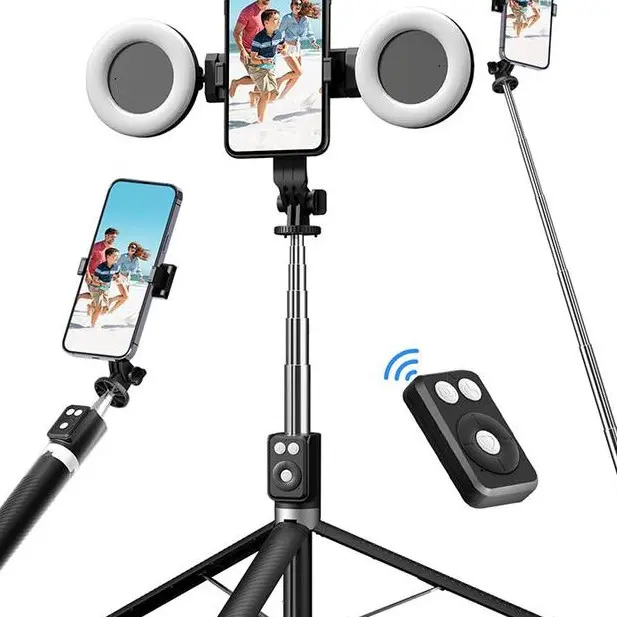6-in-1 Mobile Selfie Tripod with Dual Fill Lights, Wireless Remote, Portable Adjustable Stand, 360° Detachable Steel Stick, Bluetooth Expandable – Light Ring, Compact, Extendable Selfie Accessories for Live Broadcasts (Android Compatible, Cable Included),