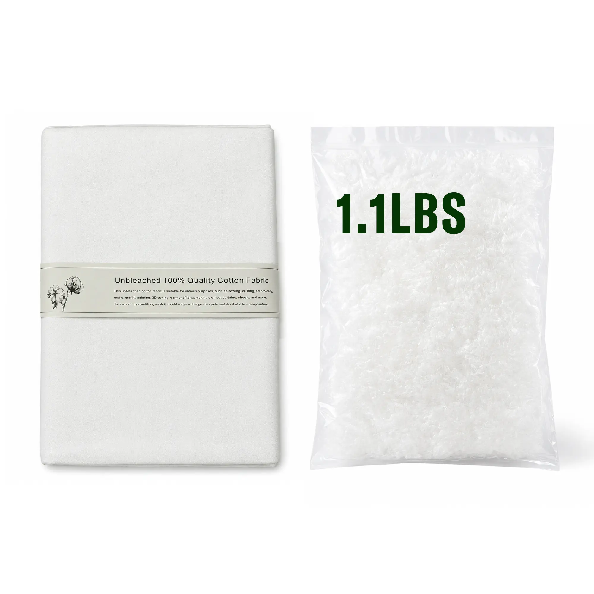Unbleached 100% Cotton Muslin Fabric 60" Width x 1 Yard With 1.1 LBS Lump-Free Vacuum Sealed Polyester Stuffing For Pillows, Cushions & DIY Sewing Crafts
