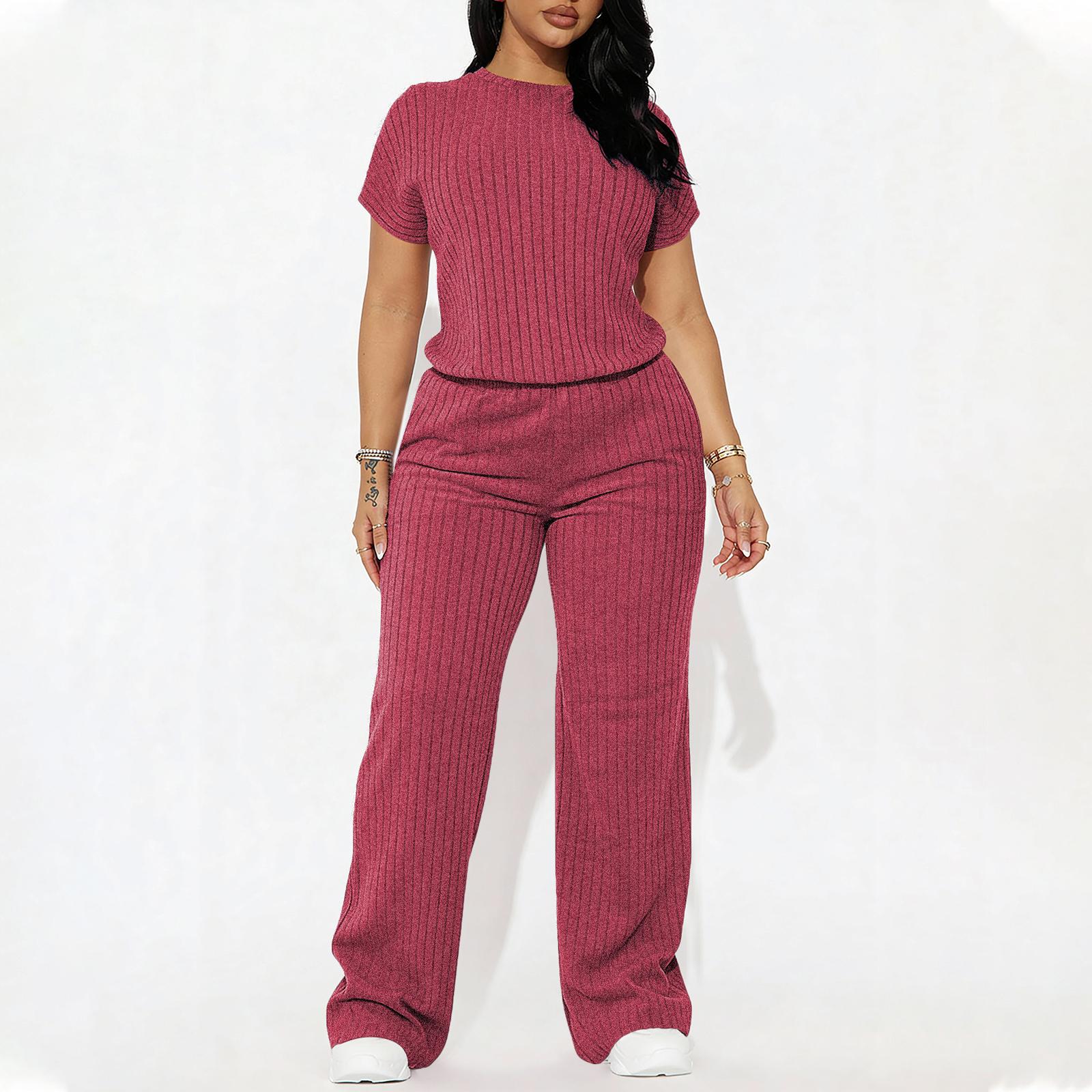 Women's Solid Shortsleeve Crewneck Ribbed Top & Wide Leg Pants Minimalist Casual Fitted Fashion Cozy Top & Trousers for Daily Outdoor Wear Ladies Clothes for Summer Womenswear Yoga Clothes Set Black Batwing Suits Suits Gamis