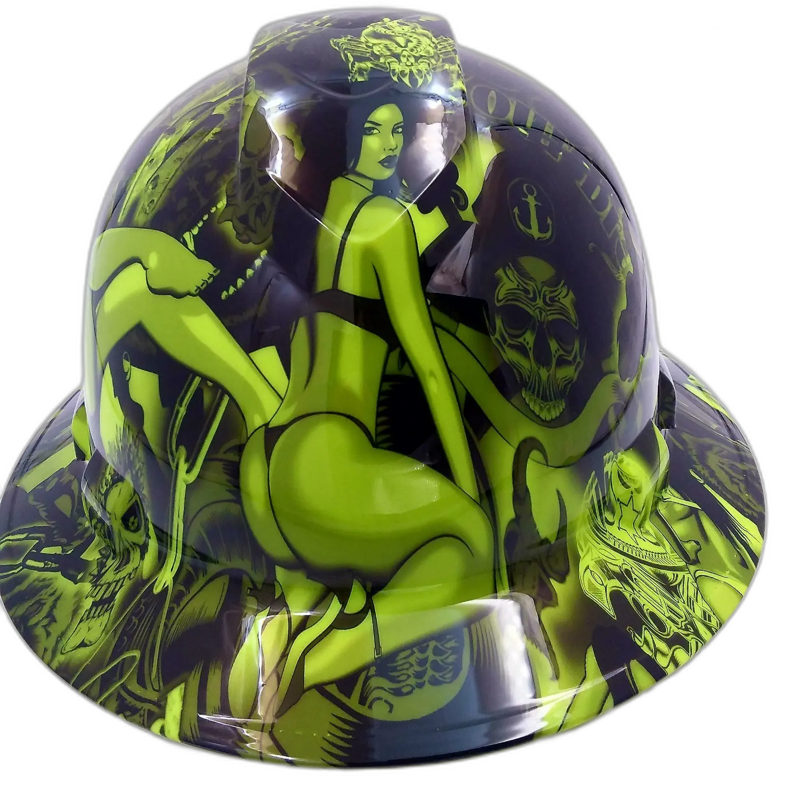 Neon Lime Biker Skull Art - Custom Hydro Dipped Full Brim Hard Hat