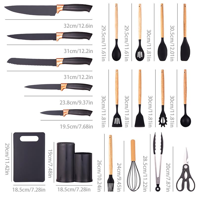 19PCS Silicone Kitchen Utensils Set with Knife Set, 5-Piece Knives + Utensil Holder, Heat Resistant Cooking Tools, Nonstick Safe Wooden Handle Kitchen Gadget Set, Spatula Turner Tongs Whisk Ladle for Home Cooking
