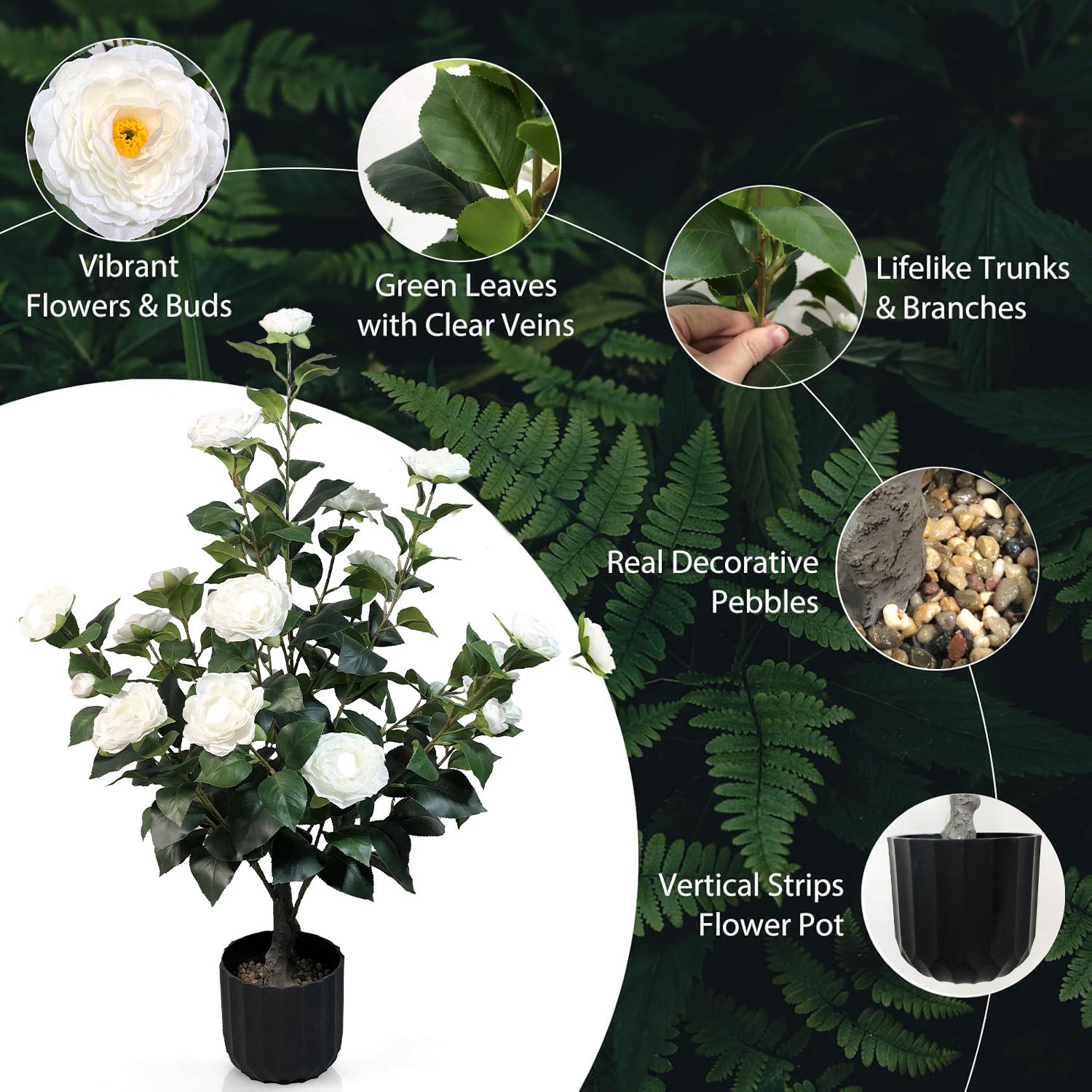 2 Pcs 3-foot Camellia Tree with Decorative Pebbles, Flower Pot, 24 Realistic Flowers, 188 Leaves for Indoor, outdoor courtyard Home Decor
