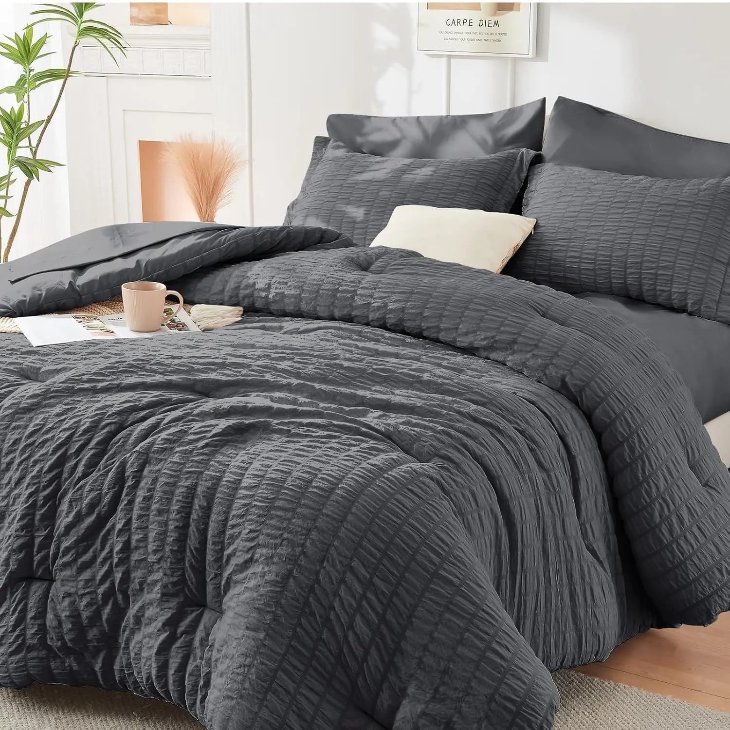 MUXHOMO Queen Comforter Set Seersucker 7 Pieces, All Season Luxury Bed in a Bag for Bedroom, Bedding Set with Comforters, Sheets, Pillowcases & Shams, Dark Grey