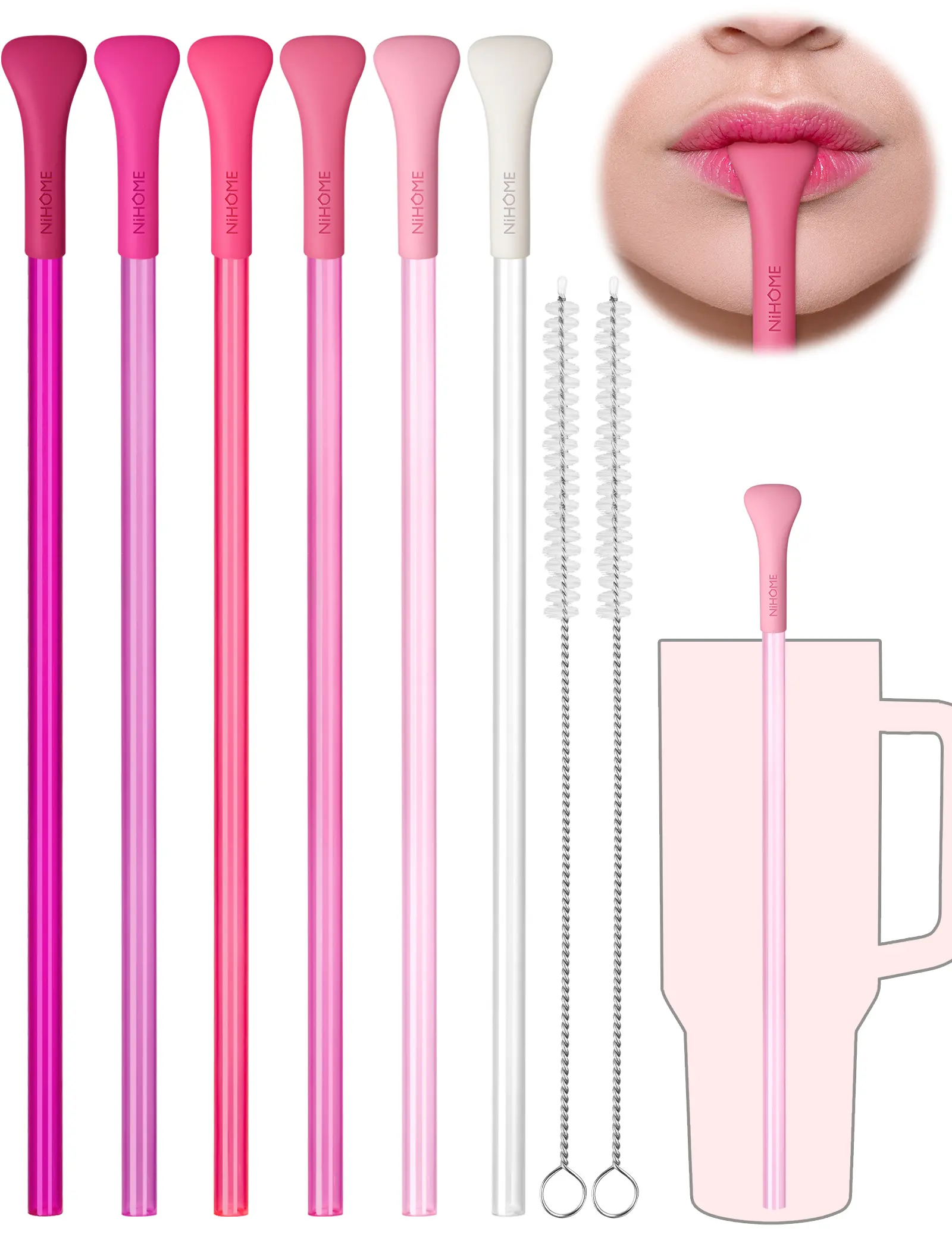 NiHome 6PCS BPA-Free Reusable Anti-Wrinkle Plastic Straw Set with Silicone Widen Flat Tip, 2 Cleaning Brushes, Fits 30 oz 40 oz Tumblers, Kitchenware Bar Utensils