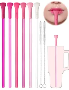 NiHome 6PCS Anti Wrinkle Straws with Silicone Widen Flat Tip Drinking Plastic Straw, Fit for Stanley 30 oz 40 oz Tumbler, Reusable Wrinkle Free Plastic Long Straw, 2 Brushes, BPA-free