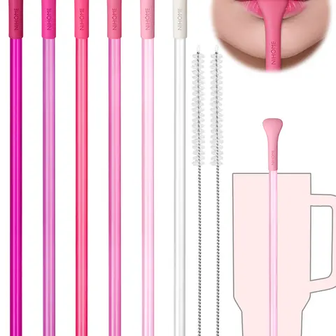 NiHome 6-Pc BPA-Free Extra Long Reusable Anti-Wrinkle Plastic Straw Set, Straw Accessories with Silicone Widen Flat Tip, 2 Brushes, Fits 30 oz 40 oz Large Cups Tumblers for Adults, Kitchen Accessories, Bar Utensils (Macaron Design)
