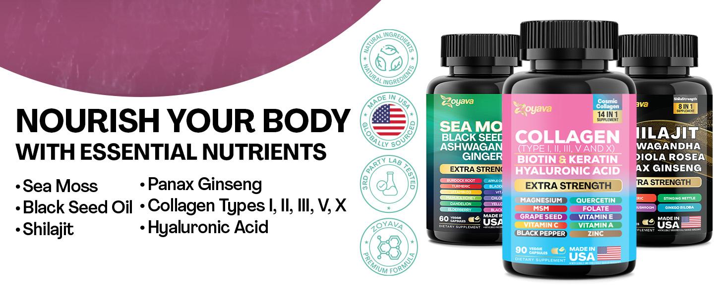 Zoyava Ultimate Wellness Trio: Sea Moss, Collagen, & Shilajit - Multivitamin All-in-1 Dietary Supplements - Made in USA - Highly Potent Ingredients for Fitness & Healthcare Zoyava Ultimate Wellness Trio: Sea Moss, Collagen, & Shilajit - Multivitamin All-in-1 Dietary Supplements - Made in USA - Highly Potent Ingredients for Fitness & Healthcare