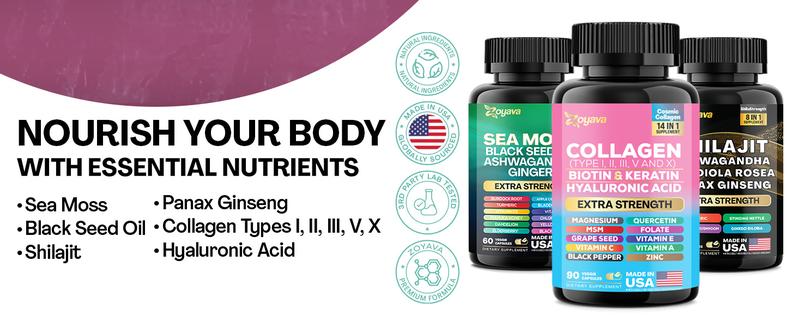 Zoyava Ultimate Wellness Trio: Sea Moss, Collagen, & Shilajit - Multivitamin All-in-1 Dietary Supplements - Made in USA - Highly Potent Ingredients for Fitness & Healthcare Zoyava Ultimate Wellness Trio: Sea Moss, Collagen, & Shilajit - Multivitamin All-in-1 Dietary Supplements - Made in USA - Highly Potent Ingredients for Fitness & Healthcare
