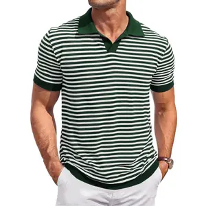 Runcati Mens Knit Polo Shirts Short Sleeve Striped V Neck Golf Shirt Classic Casual Summer Tops