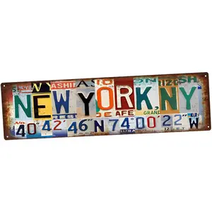 Industrial Lightweight Aluminium Wall Art, 16x4 In Hand Assembled New York License Plate Retro NYC Metal Sign with Coordinates & Statue of Liberty Styles, Wall Decor Perfect Gift for New York Lovers
