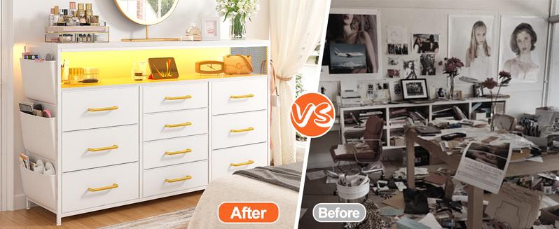 Raybee Furniture Dresser TV Stand with 10 Drawers, LED Lights & AC Outlets for Bedroom with Shelves & Side Pockets Sturdy Metal Frame & Wood Top