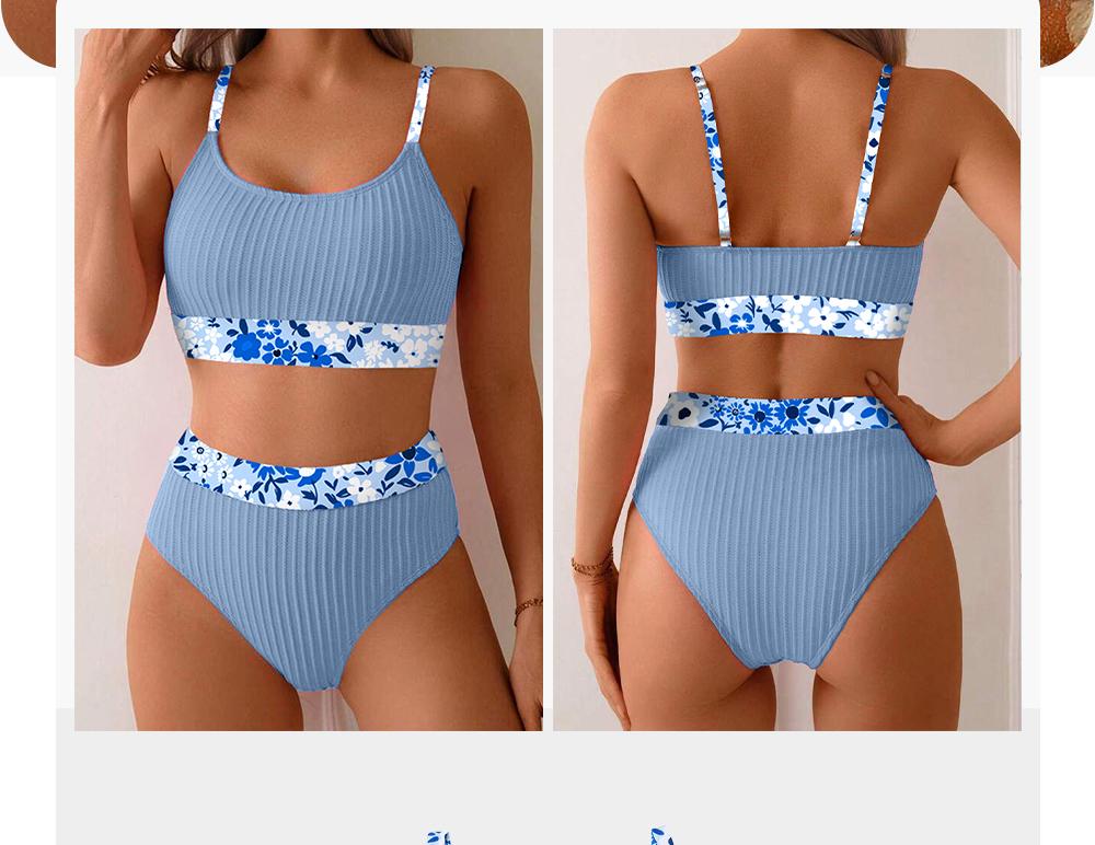 Aleumdr Women's Ribbed Textured High Waisted Bikini Set Floral Trim Two Piece Swimsuit with Adjustable Straps Stretchy Jacquard Fabric Tummy Control Swimwear for Beach Pool and Vacation SpringStatements
