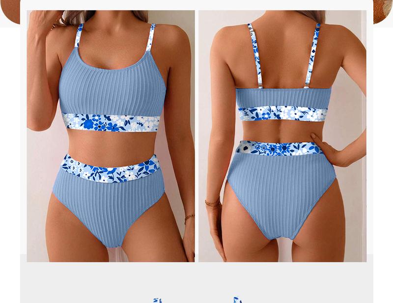 Aleumdr Women's Ribbed Textured High Waisted Bikini Set Floral Trim Two Piece Swimsuit with Adjustable Straps Stretchy Jacquard Fabric Tummy Control Swimwear for Beach Pool and Vacation
