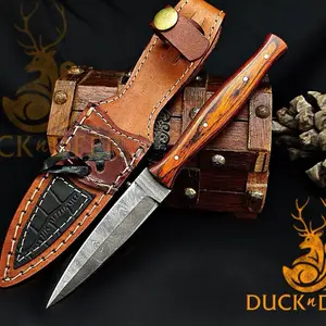 Damascus Fixed Blade Knife, with Leather Sheath, Skinning, Non-Slip Wooden Handle, For Camping, Survival EDC, Best For Outdoor